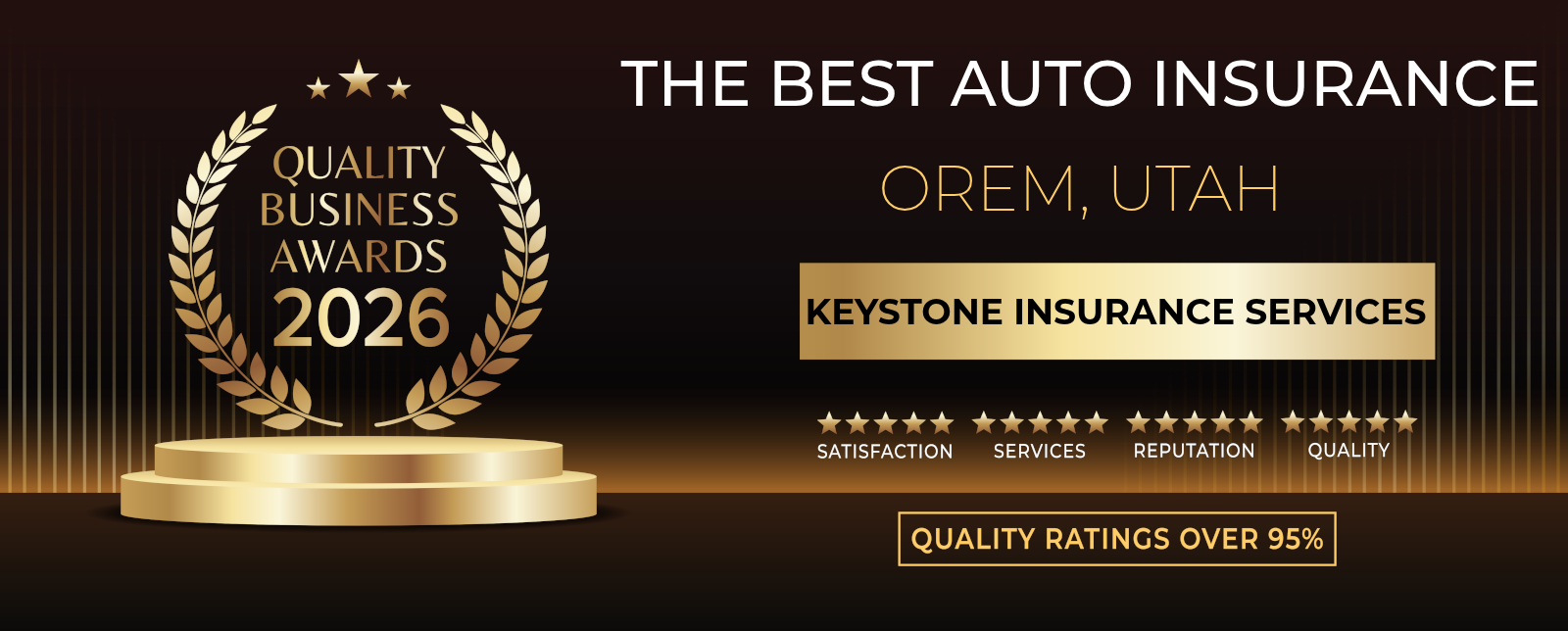 2026 — 1600 × 644 Banner — Quality Business Awards 2026 Best Auto Insurance — Orem, Utah — Keystone Insurance Services