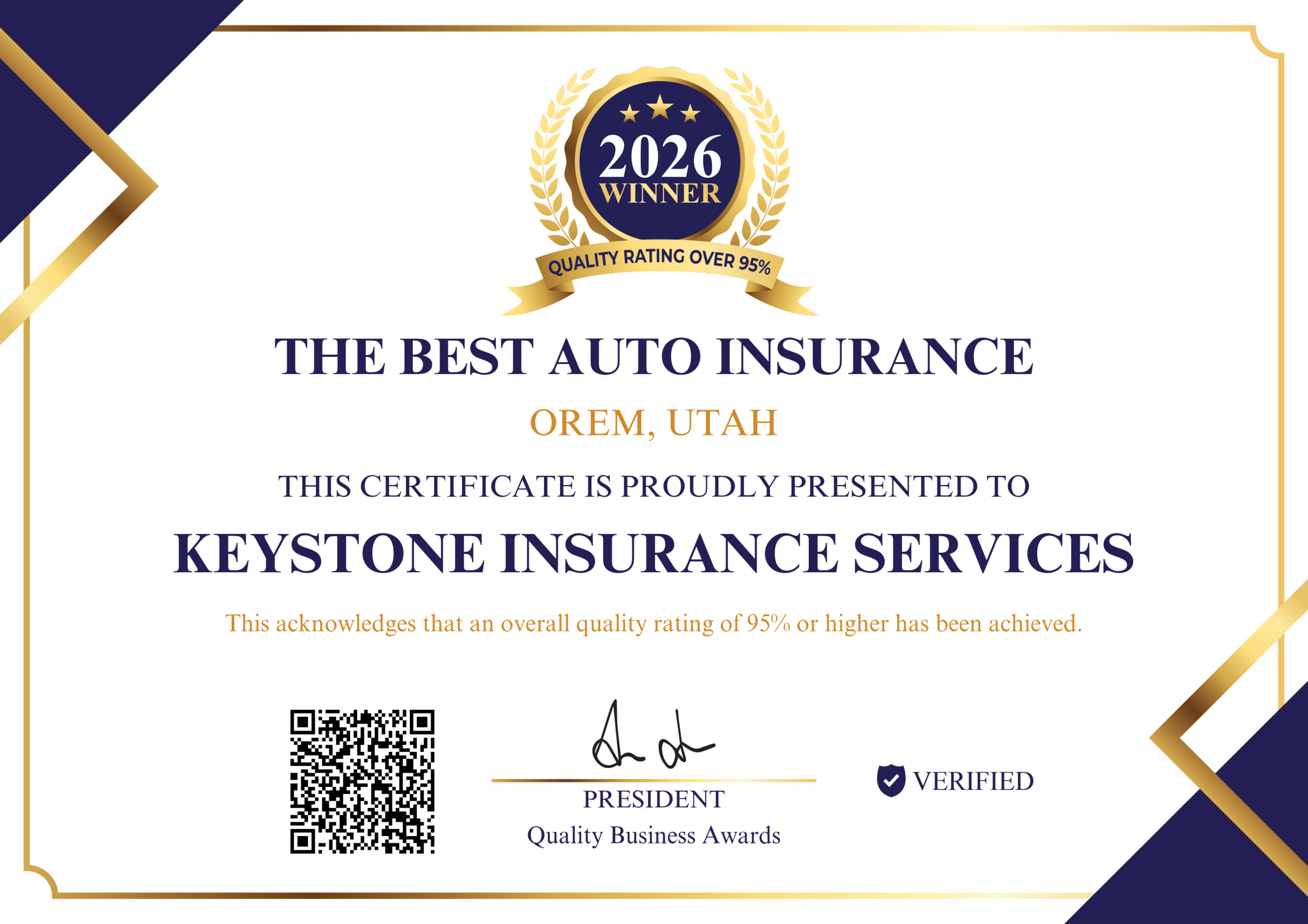 2026 — Landscape Certificate — Quality Business Awards 2026 — Keystone Insurance Services