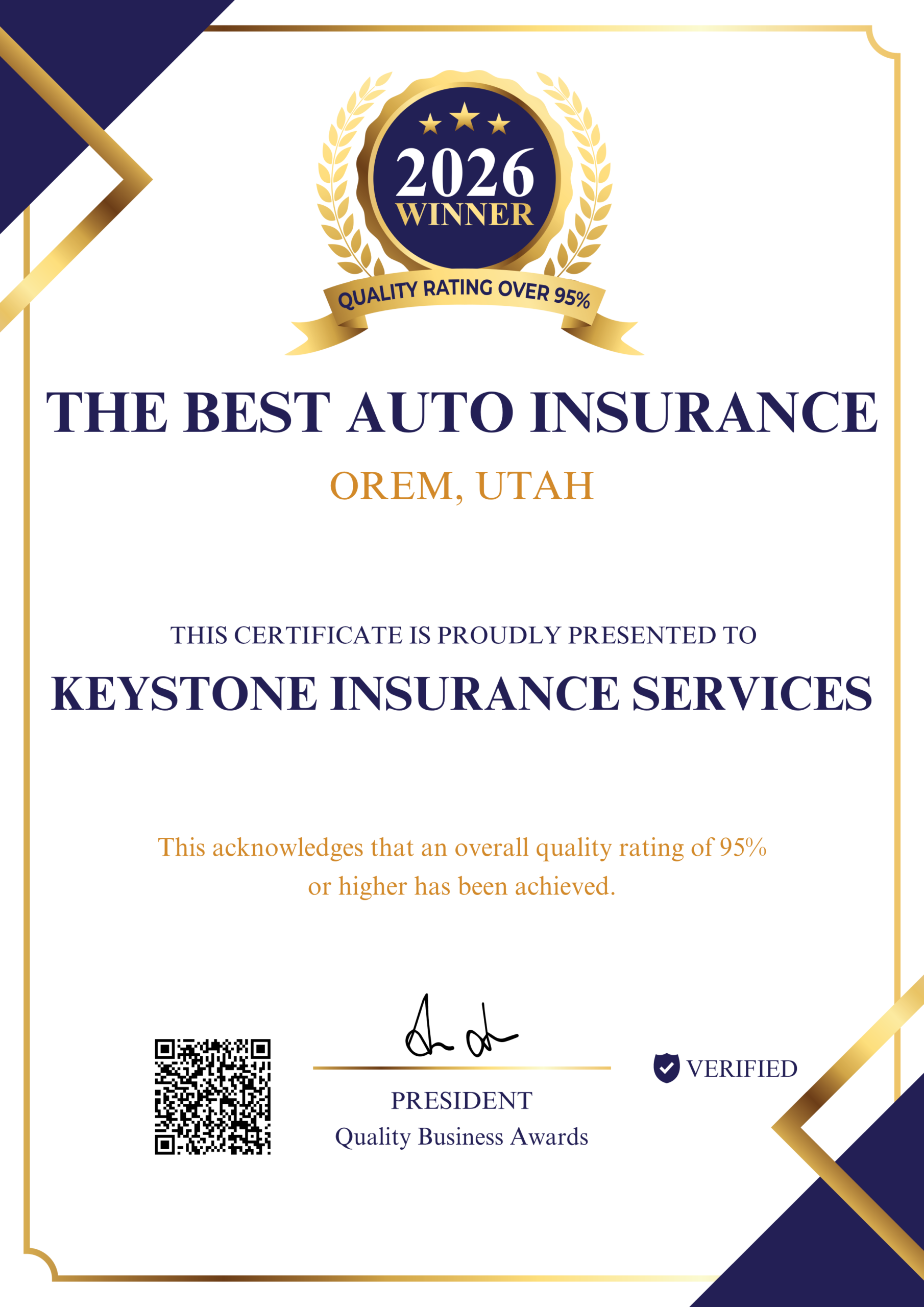 2026 — Portrait Certificate — Quality Business Awards 2026 — Keystone Insurance Services